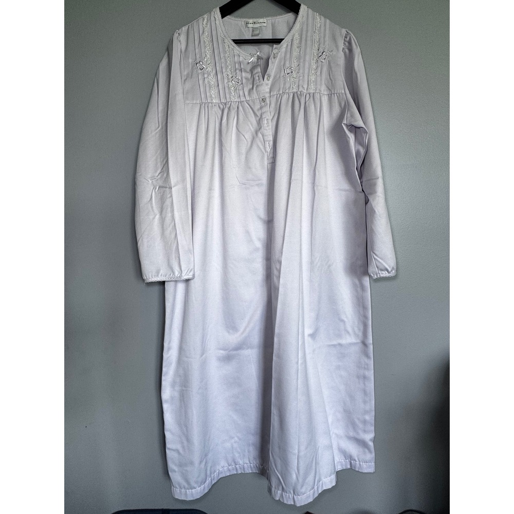Miss Elaine Lavender Floral Embroidered Lace Trim Nightgown Long Sleeve Purple M